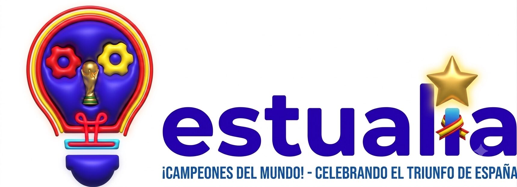 Logo de Estualia edición especial con la Copa del Mundo y los colores de la bandera de España celebrando el triunfo en el Mundial