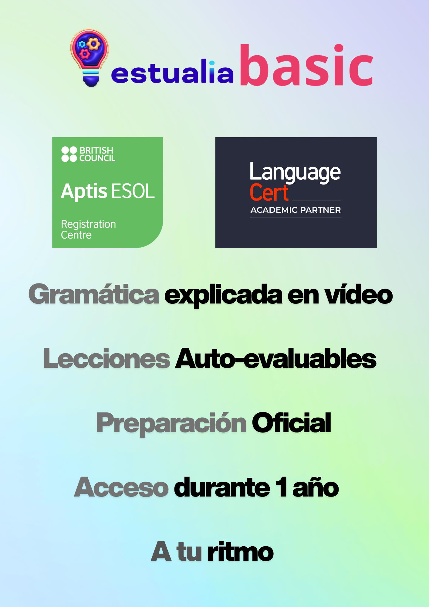 Promoción de estualia basic como centro registrador de Aptis ESOL y partner de LanguageCert, ofreciendo preparación oficial de inglés con vídeos y lecciones auto-evaluables