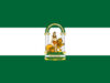 Bandera de Andalucía con tres franjas horizontales, verde, blanca y verde, y el escudo de Hércules entre dos leones en el centro