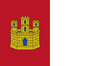 Bandera de Castilla-La Mancha con un castillo dorado sobre fondo rojo en la mitad izquierda y la mitad derecha en blanco