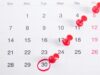 Calendario mensual con chinchetas rojas clavadas en varias fechas y un día rodeado con un círculo rojo