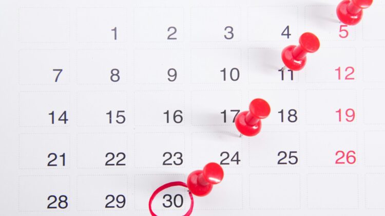 Calendario mensual con chinchetas rojas clavadas en varias fechas y un día rodeado con un círculo rojo