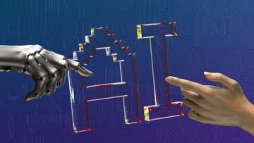 Mano robótica metálica y mano humana extendiendo el dedo hacia las letras «AI» de cristal sobre un fondo azul con motivos de circuito electrónico
