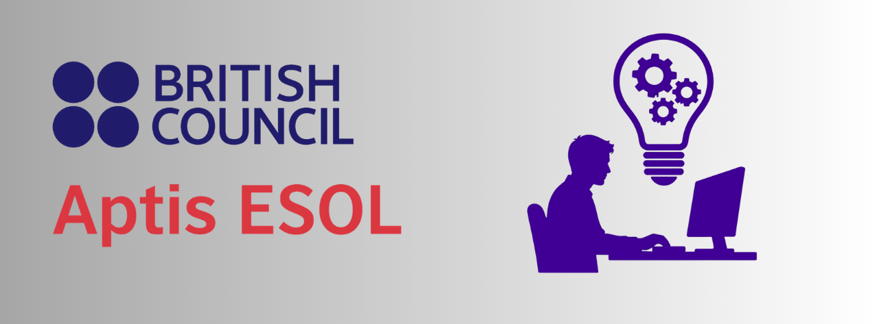 Estudiante preparándose en el ordenador junto al logotipo oficial de British Council Aptis ESOL